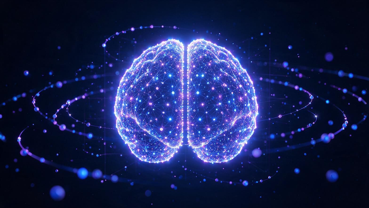 由发光节点和连接线构成的 AI 智能大脑，象征系统内置的智能内容引擎